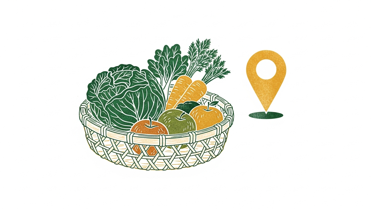 地域の畑や山と結びついた地場の産品を表した版画風イラスト