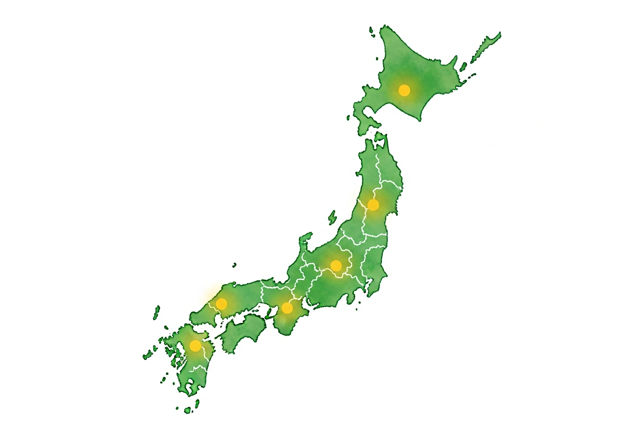 全国の自治体がふるさと納税を受け入れている様子を表した版画風の日本地図イラスト