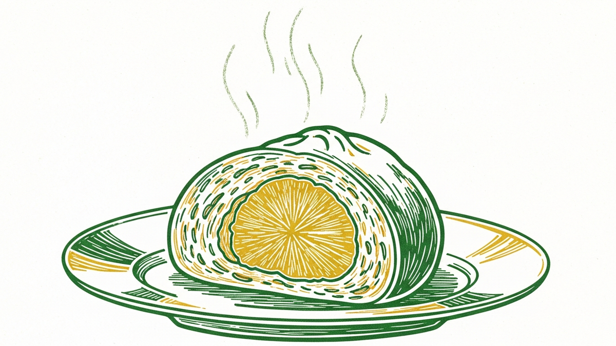食材の断面と湯気でおいしさを伝える撮り方を表した版画風イラスト