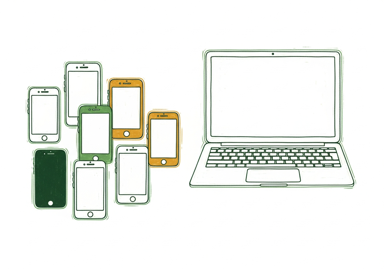 寄付件数はスマホが過半、1件あたり金額はPCが高いことを表した版画風イラスト
